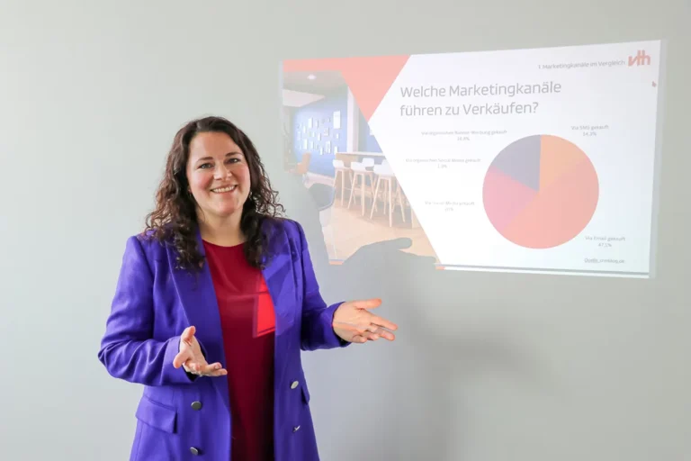 Symbolbild: Geschäftsführerin Julia Ernst-Hausmann während eines Contentvortrags im Rahmen des Marketingtrainings von VTH Marketing & Media.